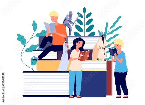 Kids reading fairy tales. Children books and fairy-tale heroes wizard, knight and elf princess. Boys girls with book vector concept. Child with book, imagine dream cartoon story illustration