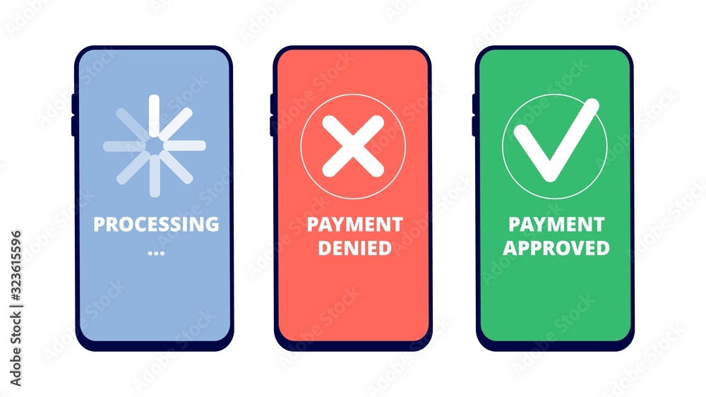 Payment transactions. Online payment approved, denied and in process on smartphone screen. Flat mobile pay service vector concept. Money banking, finance electronic, checkout processing illustration