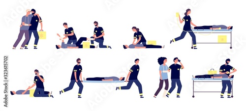 Paramedics. Medical emergency helping, first aid team. Ambulance services, paramedic and affected people. Vector healthcare staff set. Emergency rescue, paramedic save health person illustration photo