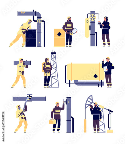 Oil industry. Petroleum engineers, oilmen working. Petrol oils production and refinery. Isolated petrochemical factory workers vector set. Petroleum industry, oil industrial technology illustration