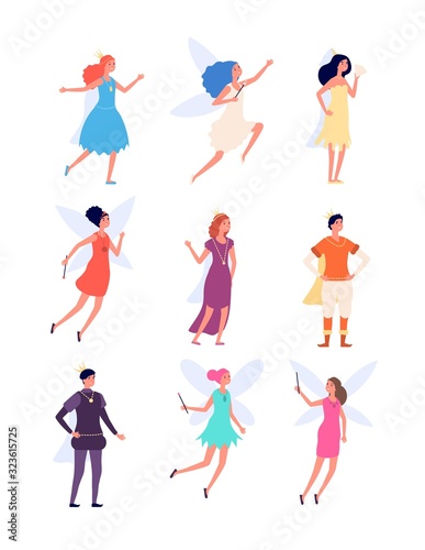 Prince and princess. Royal medieval person, king and queen costumes. Fairy characters, fantasy fairies and monarchy boy and girl vector set. Princess fantasy with wings, royal cartoon illustration © MicroOne