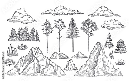 Nature landscape elements. Mount rocks, trees and bush. Sketch isolated park, garden or forest silhouettes. Hand drawn mountains vector set. Illustration rock sketch, landscape mountain