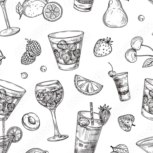 Cocktails pattern. Sketch drinks and fruits background. Hand drawn beverages vector seamless texture. Illustration cocktail beverage drink, seamless pattern sketch