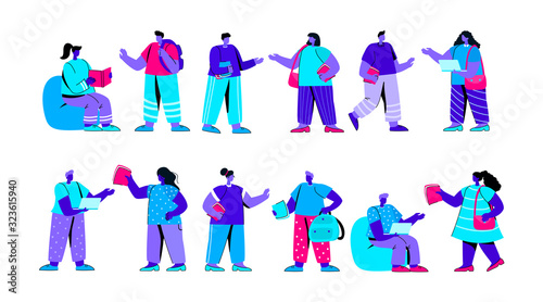 Set of funny college or university students or pupils preparing for exams. Bundle of classmates or schoolmates. Collection of boys and girls with textbooks and laptops. Flat blue vector illustration.