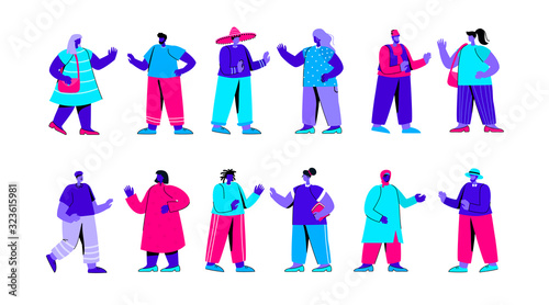 Set of people of different race, ethnicity, nationality. Bundle of foreigners waving hands and having conversation. Multinational or multicultural communication. Modern flat blue vector illustration.
