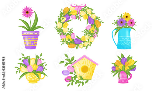 Flowers Blossoming in Cup and Flowerpots Vector Set