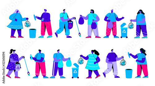 Set of men and women or ecologists picking up, collecting, sorting and disposing garbage. Environment protection, waste recycling and disposal, eco volunteering. Modern flat blue vector illustration.