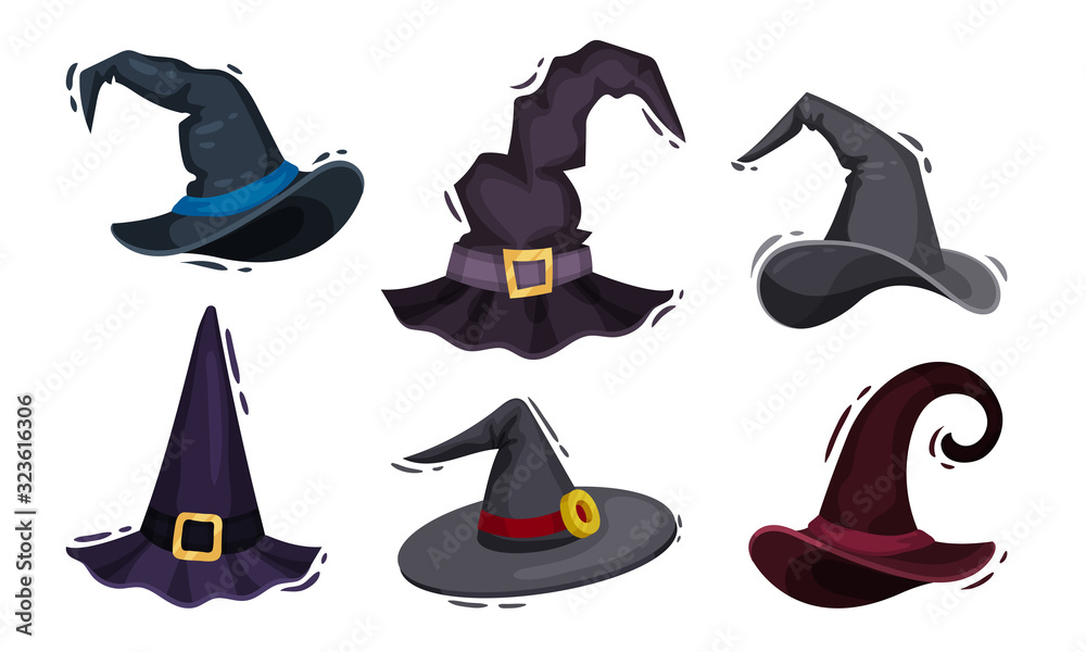 Wizard and Magician Hats with Pointed Top Vector Set