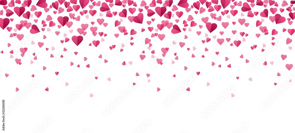 Pink confetti hearts falling background in flat style vector illustration. Romantic flying paper hearts. Greeting card and Valentines day concept. Isolated on white