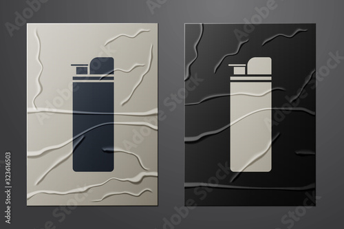White Lighter icon isolated on crumpled paper background. Paper art style. Vector Illustration