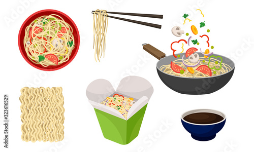 Asian Wok Udon Noodles in Paper Box and in Frying Pan with Sliced Vegetable Ingredients Floating Above Side View Vector Set