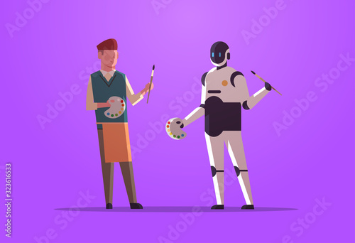 robot and human painters holding paintbrush and palette robotic character vs man standing together artificial intelligence technology concept flat full length horizontal vector illustration
