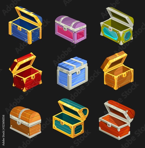 Cartoon wooden chests set isolated on dark background vector illustration. Red blue and green treasure boxes. Collection of boxes with golden and white stripes flat style