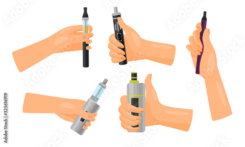 Hands Holding Vape Vector Set. Electronic Cigarette Advertisement
