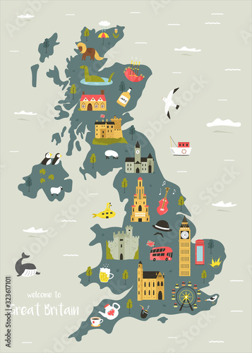 Valokuvatapetti Vector map of Great Britain with famous symbols