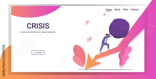 stressed businessman pushing up big debt stone economic arrow falling down financial crisis bankruptcy investment risk concept full length horizontal copy space vector illustration