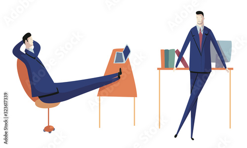 Businessman Sitting with His Legs on Desk Thinking and Standing with Puzzled Expression on His Face Vector Illustrations Set