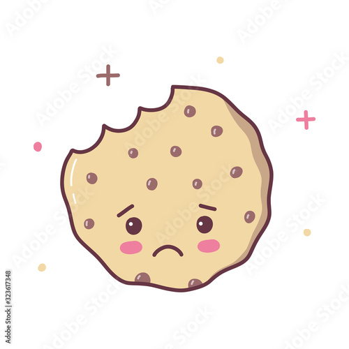 The cookie is sad because a piece of it was bitten off. Kawaii cartoon character. Vector illustration.