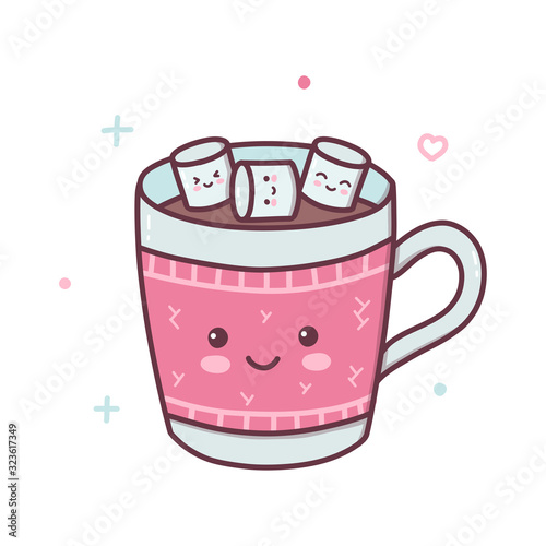A mug of hot chocolate or cocoa in which marshmallows are bathed. Kawaii cartoon character. Vector illustration.