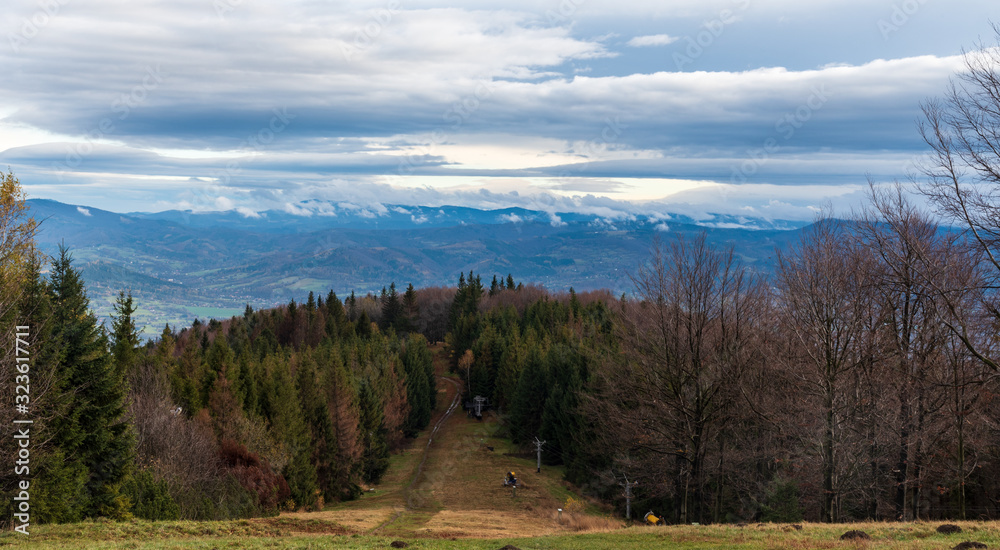 view from Maly Javorovy hill in late autumn Moravskoslezske Beskydy mountains in Czech republic