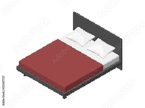Pixelated Modern double bed. Pixel Art Vector illustration. Isometric projection. Isolated on white background.