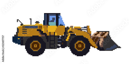 Pixelated Bulldozer. Pixel art vector illustration. Isolated on white background.