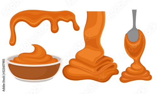 Sweet Caramel Flowing Down in Layers and Poured in Glass Bowl Vector Set