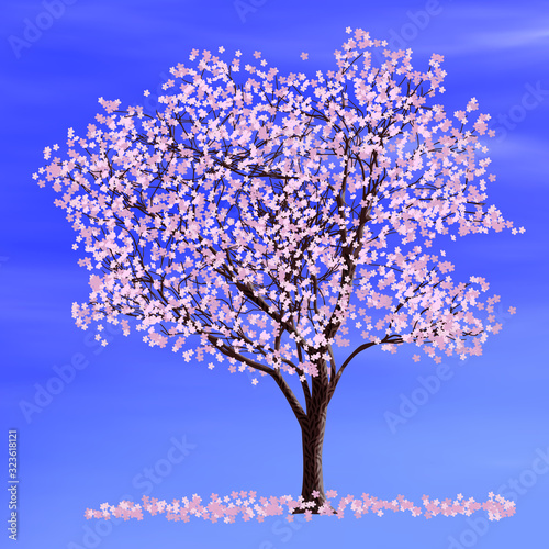 Japanese cherry blossoms, sakura.  Cherry tree on a background of blue sky, illustration on the theme of spring. © Valerii
