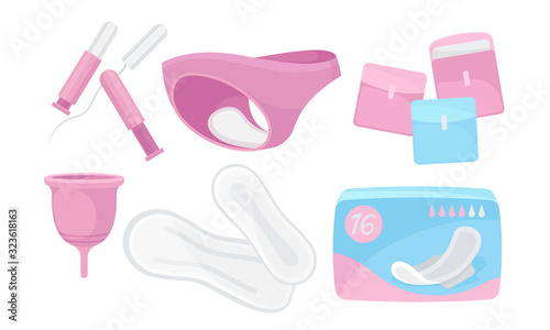 Intimate Woman Hygiene with Sanitary Towels and Tampons Vector Set