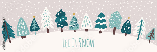 Cute Scandinavian Christmas Tree horizontal background with hand drawn Snowy Fir Trees Forest