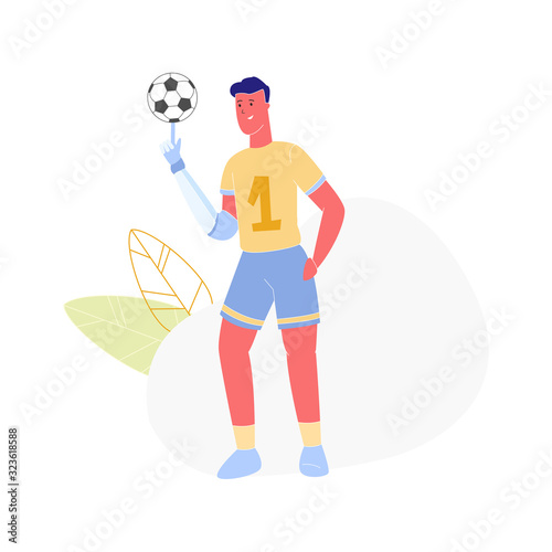 Athlete with Arm Prosthesis Playing Football, Active Amputee Man Training with Soccer Ball. Disabled Character with Amputated Limb Rehabilitation, Recovery Exercise. Cartoon Flat Vector Illustration