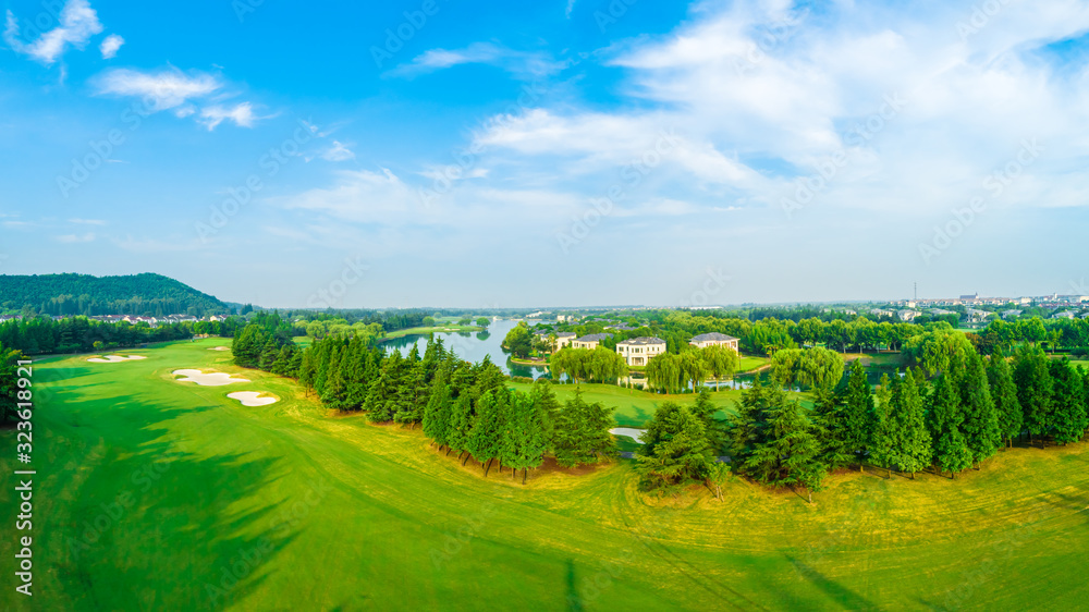 Aerial view of a beautiful green golf course in Shanghai,panoramic view.