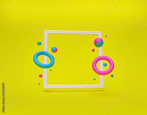 Flying colorful geometric shapes in motion with a square frame. Modern background for design presentation. isolated on yellow. 3d rendering