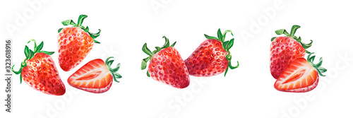 Watercolor set of red juicy strawberries. Hand drawn food illustration. Fruit print. For postcards, packages, cards, logo, desserts. Summer sweet and bright fruits and berries.