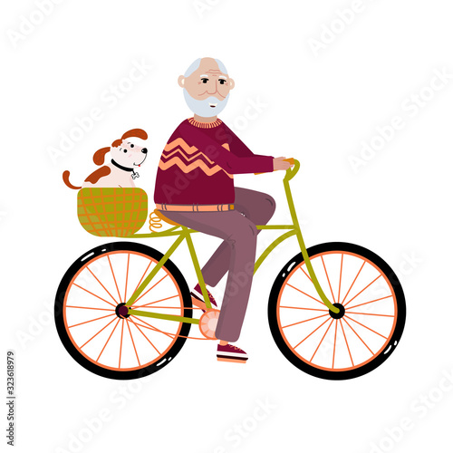 Old man activity. Senior rides on bicycle with his dog. Healthy activity lifestyle for retiree concept in vector. Grandfather is on bicycle for exercise.