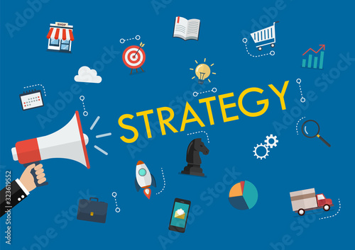 Hand holding megaphone with strategy word and icons
