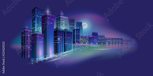 Night city panorama with moon and neon glow. Vector illustration.
