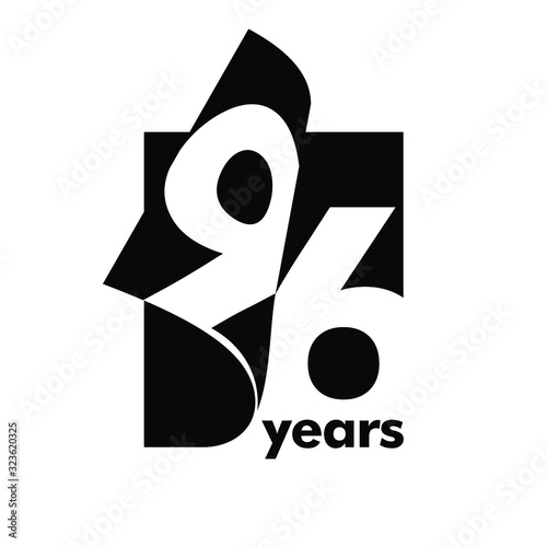 Isolated abstract logo 96 years. In the form of an open book, magazine. Happy greeting card for the 96th birthday. Black color writing on white background.