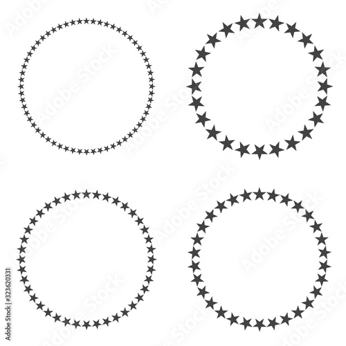 Set of vector graphic circle frames with stars isolated on white.