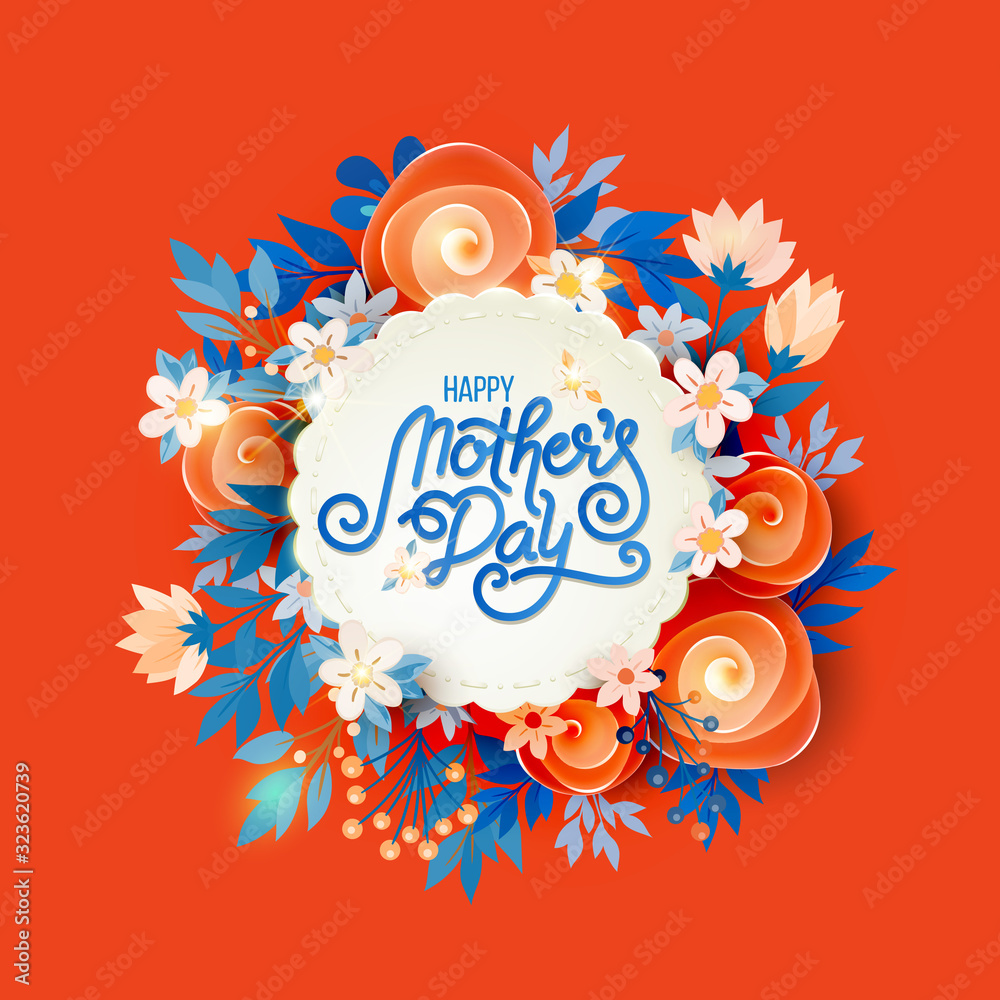 Lettering Happy Mothers Day beautiful greeting card. Bright vector illustration with colorful trend floral art. Traditional folk flowers bouquet.