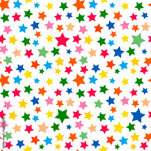 Seamless vector background with colorful stars. Various sizes of stars on white. Childish background.