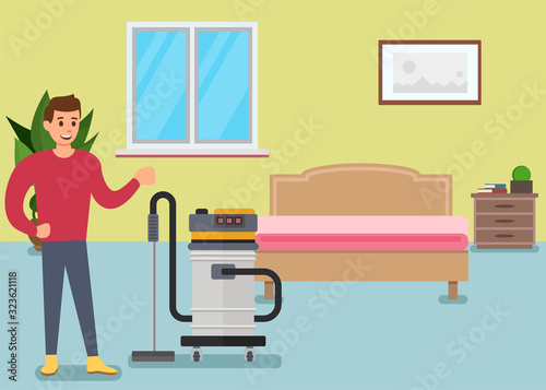 Man Character Cleaning Bedroom at Flat Flat Cartoon Vector Illustration. Husband Doing House Cleaning, Bed with Bedside Table. Boy Vacuuming Floor with Vacuum Cleaner. Сleanliness at Home.