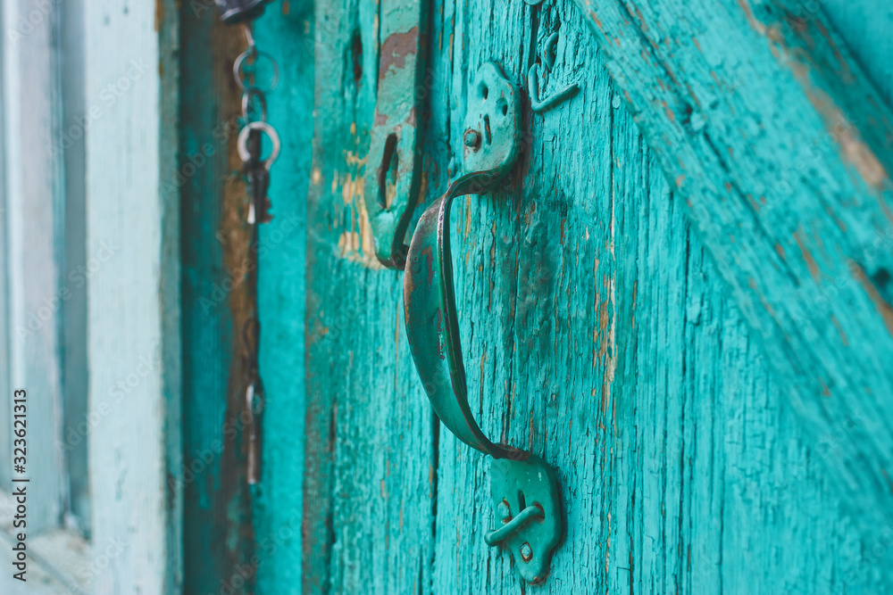 Old blue door handle closeup macro Old blue door handle closeup macro