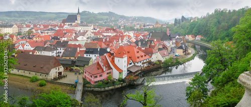 Panorama of Cesky Krumlov from castle in rainy weather
