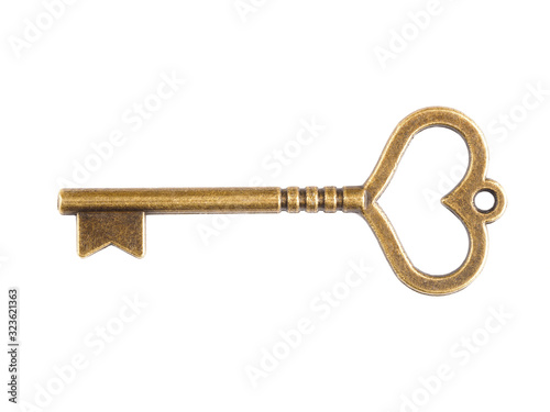 Bronze vintage key with a heart icon isolated on white © zah108