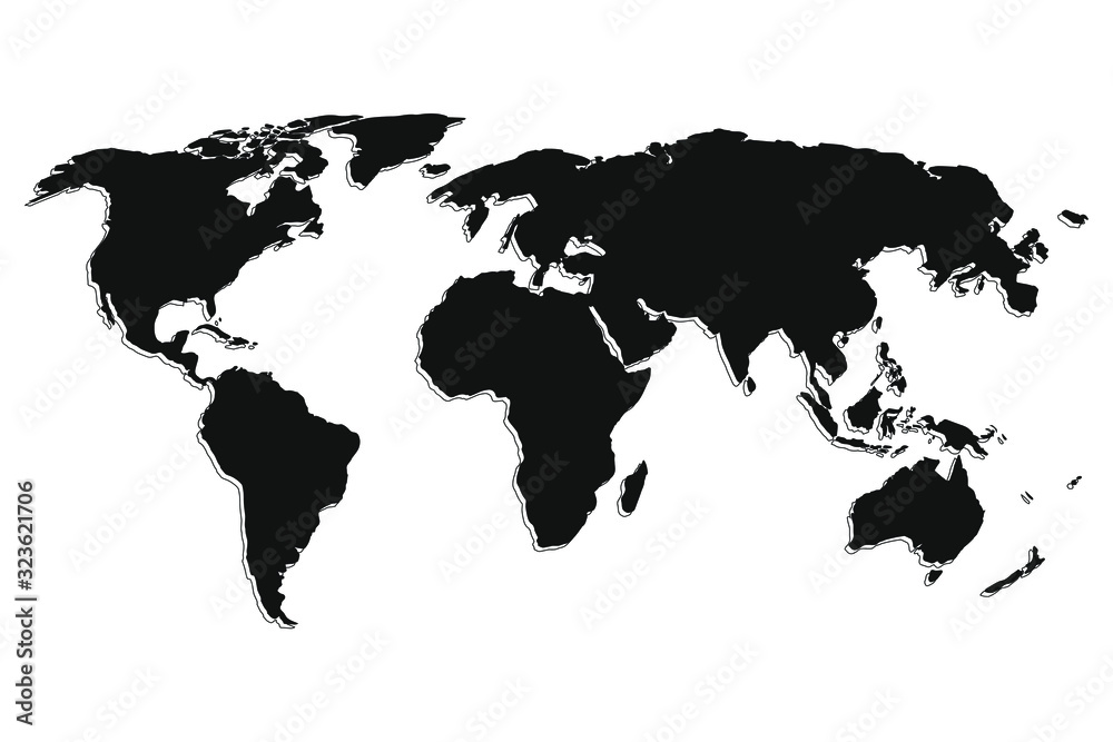 Fototapeta Vector world map isolated on white background. Flat Earth, black map template for website template, annual report, infographic. The globe is a similar world map icon.