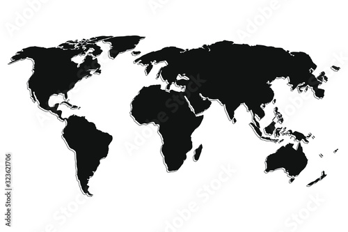 Vector world map isolated on white background. Flat Earth  black map template for website template  annual report  infographic. The globe is a similar world map icon.