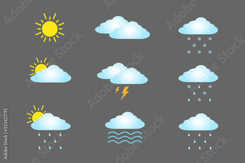 Weather icons set. Sunny. Rainy. Snowy. Vector illustration.
