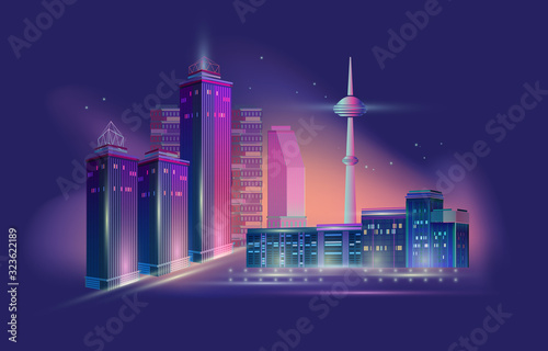 Fragment of a night panorama of a modern city. Vector.