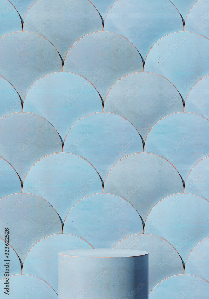 Fototapeta premium Abstract background for branding and minimal presentation.Blue ceramic podium on blue Moroccan fish scales tile background. 3d rendering illustration.